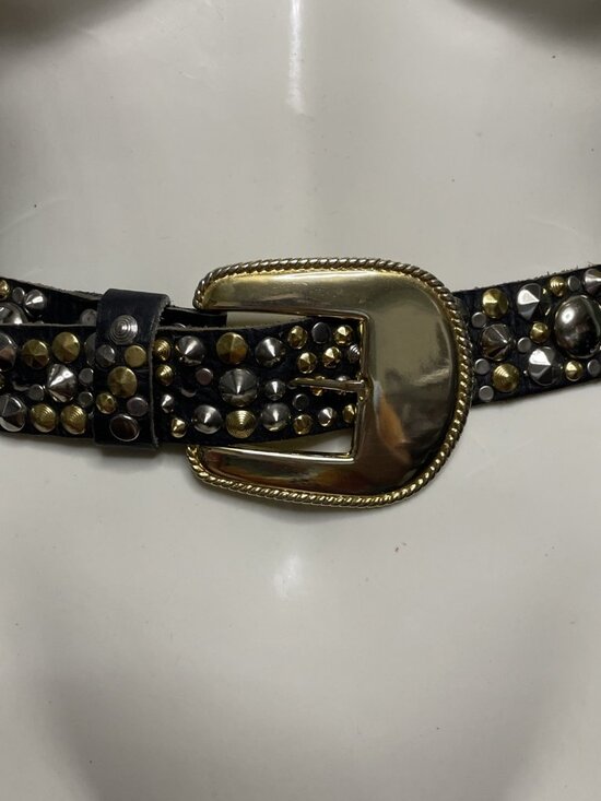 Michael Morrison Small Black Leather Gold & Silver Buckle Studded Statement Belt - Picture 4 of 11